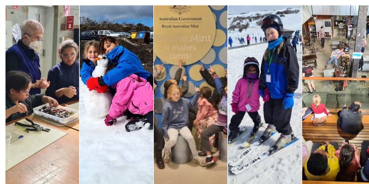 Photo shows kids building a snowman, skiing, group shots at the Canberra Mint and glassworks