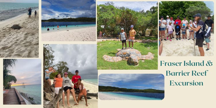 Heron Island and Fraser Island snap shots featuring, heron Island jetty, Lake McKenzie, Turtle on the beach, student group shots