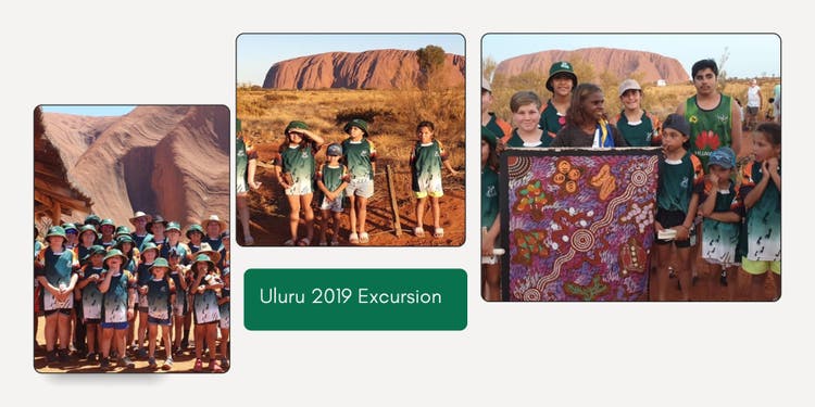 different snippets of students in front of Uluru
